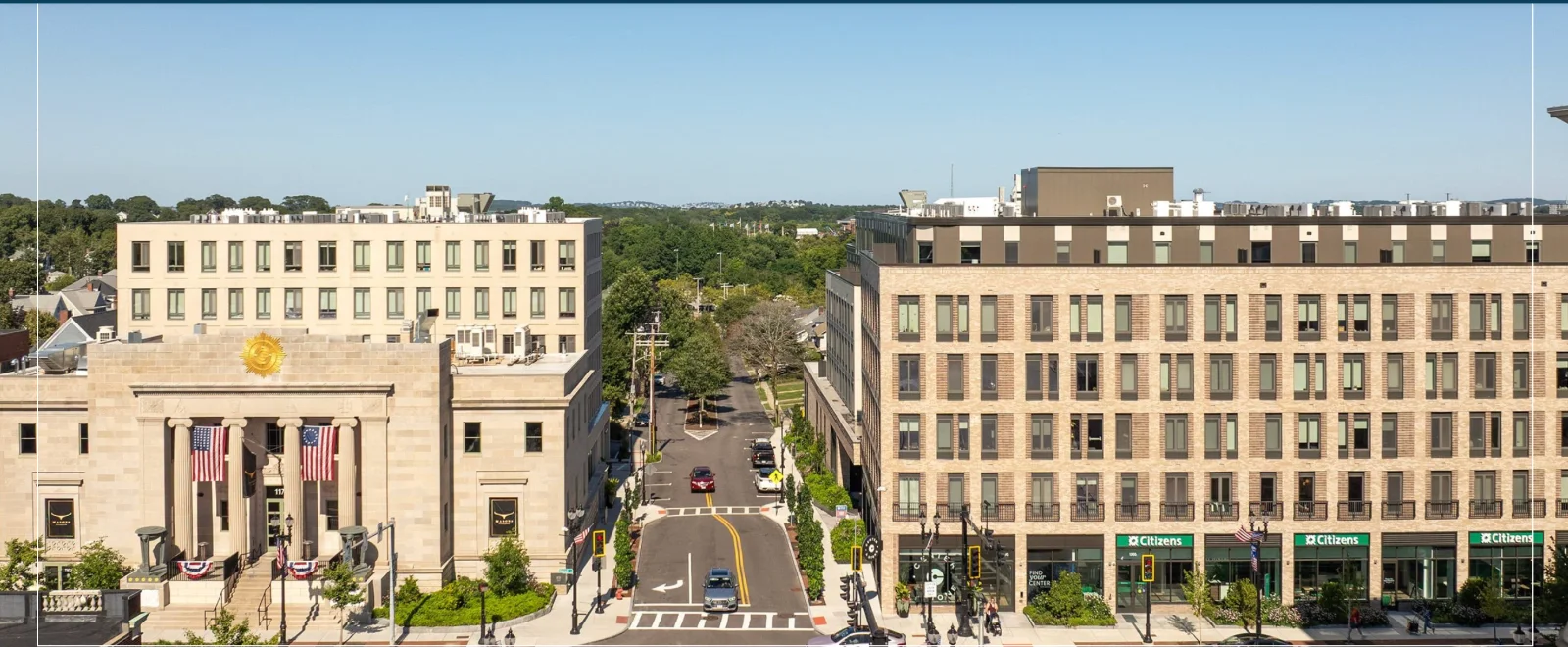 Center & Stone in Quincy Center, with the restored Masonic Temple at left